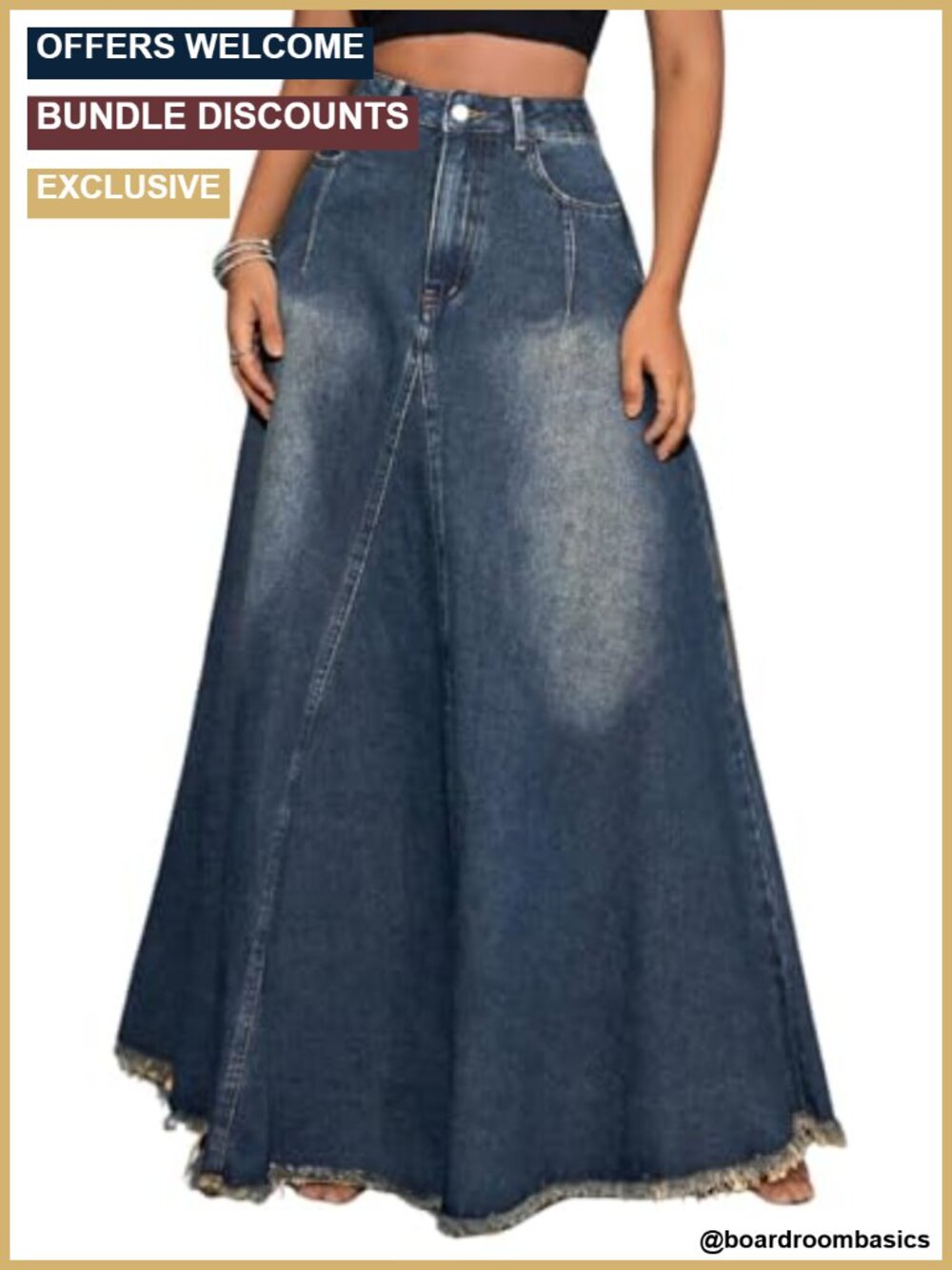 Vintage High Waisted Denim Maxi Skirt Frayed Raw Hem A-Line